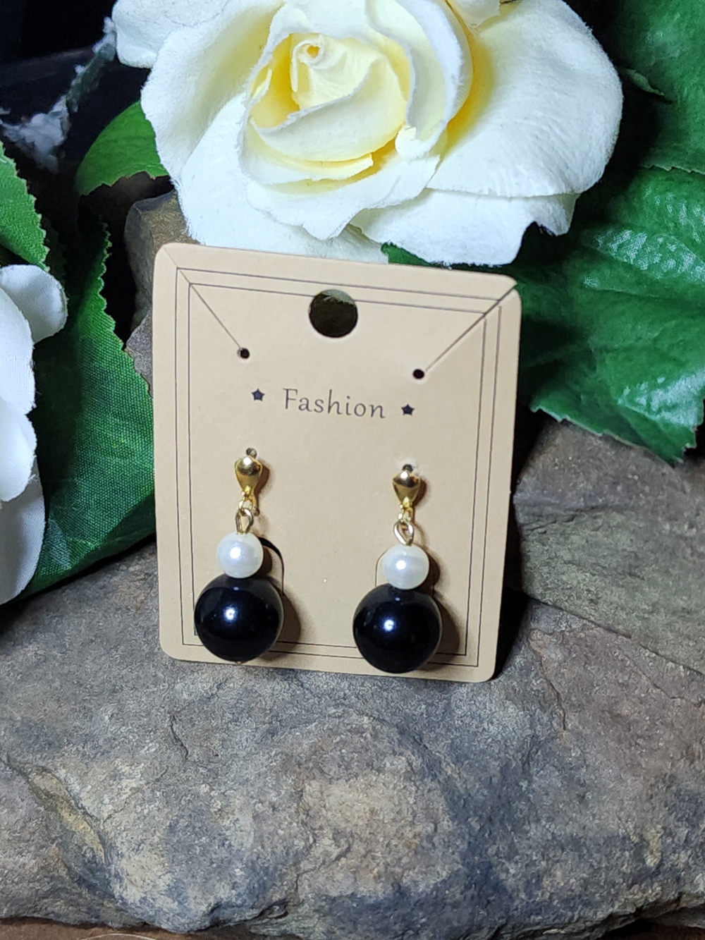 Gold Toned Drop Earrings with Black Beads and White Faux Pearl Beads